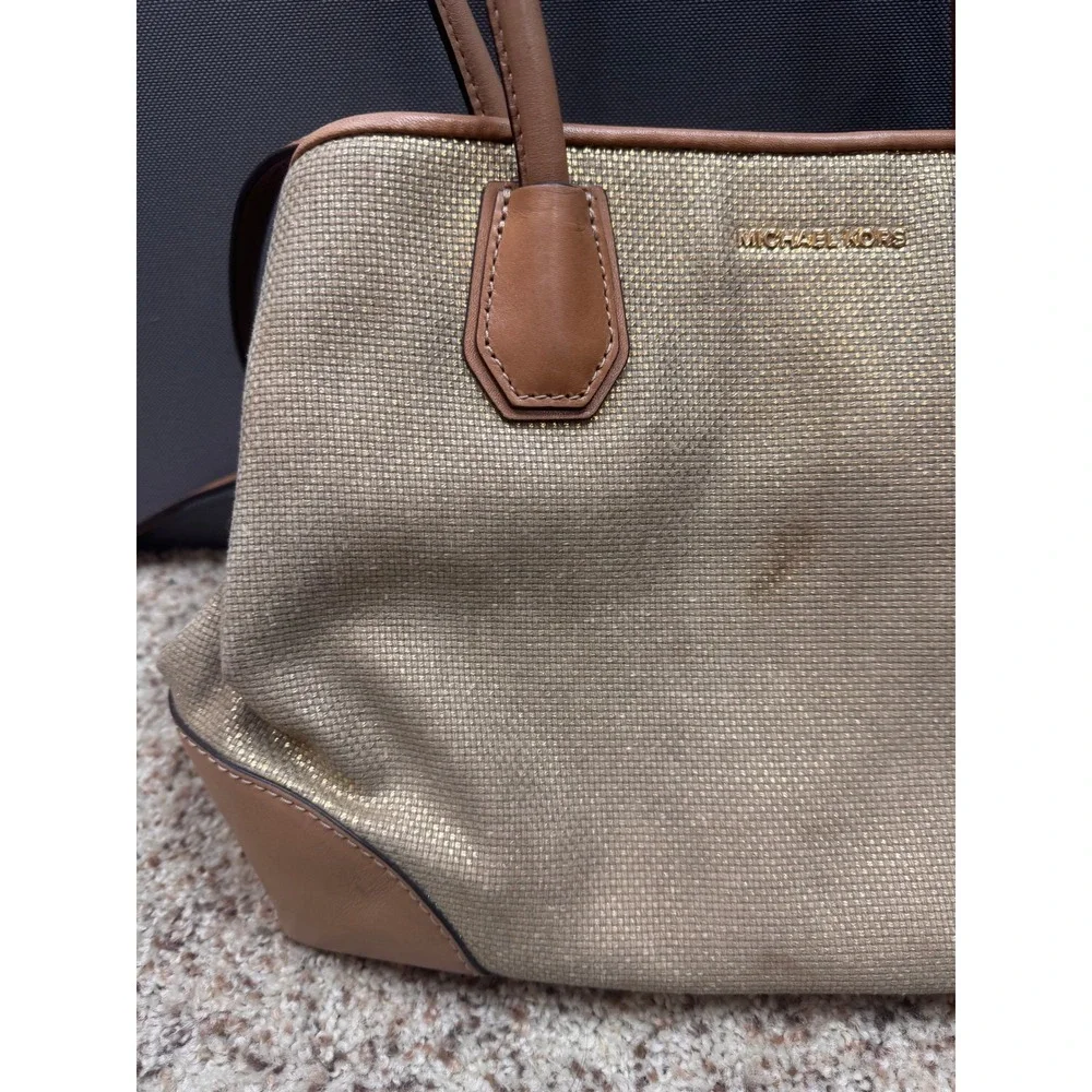 Michael Kors Tote Bag Womens Gold Tan Metallic Woven Leather Trim Satchel Medium